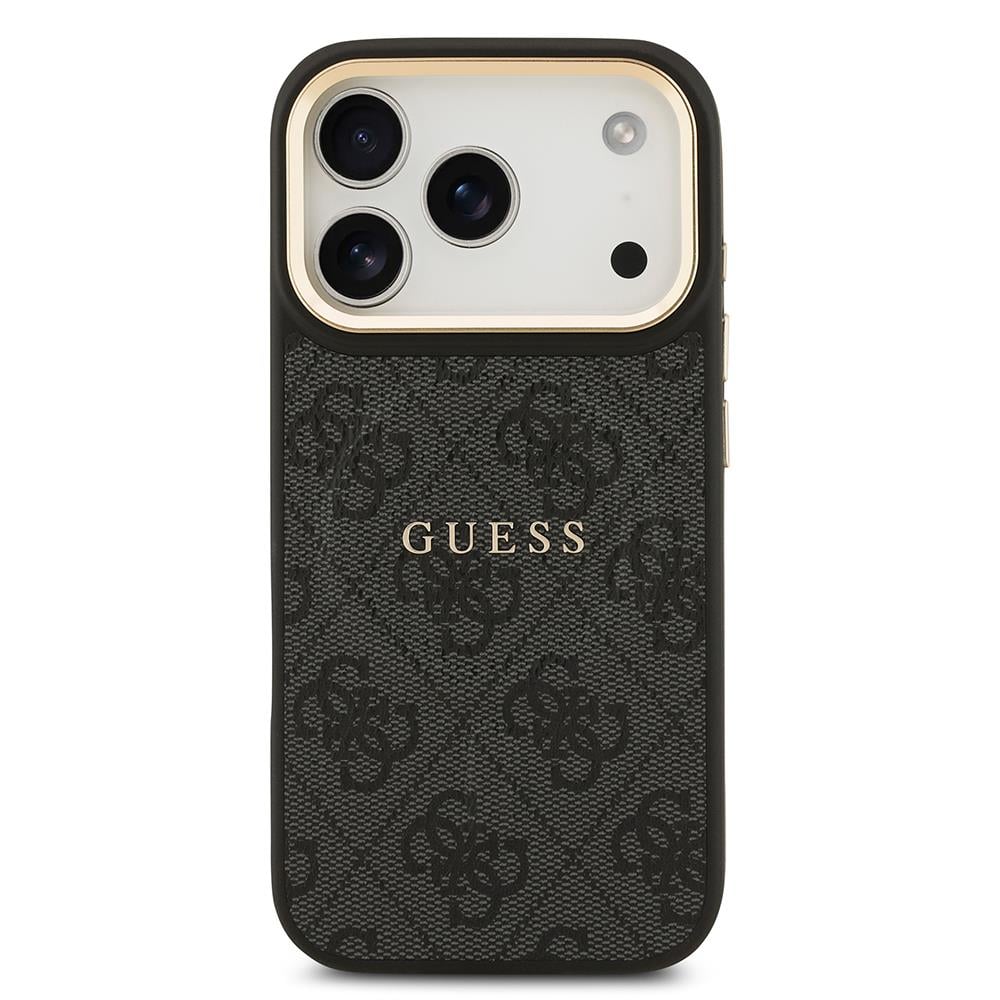 Apple iPhone 17 Pro Kılıf Guess Orjinal Lisanslı M-safe Şarj Özellikli Gold Metal Kamera Çerçeveli PU Deri 4G Desenli Yazı Logolu Kapak