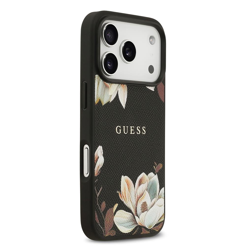 Apple iPhone 17 Pro Kılıf Guess Orjinal Lisanslı M-safe Şarj Özellikli Taneli Çiçek Tasarımlı Metal Yazı Logolu Kapak