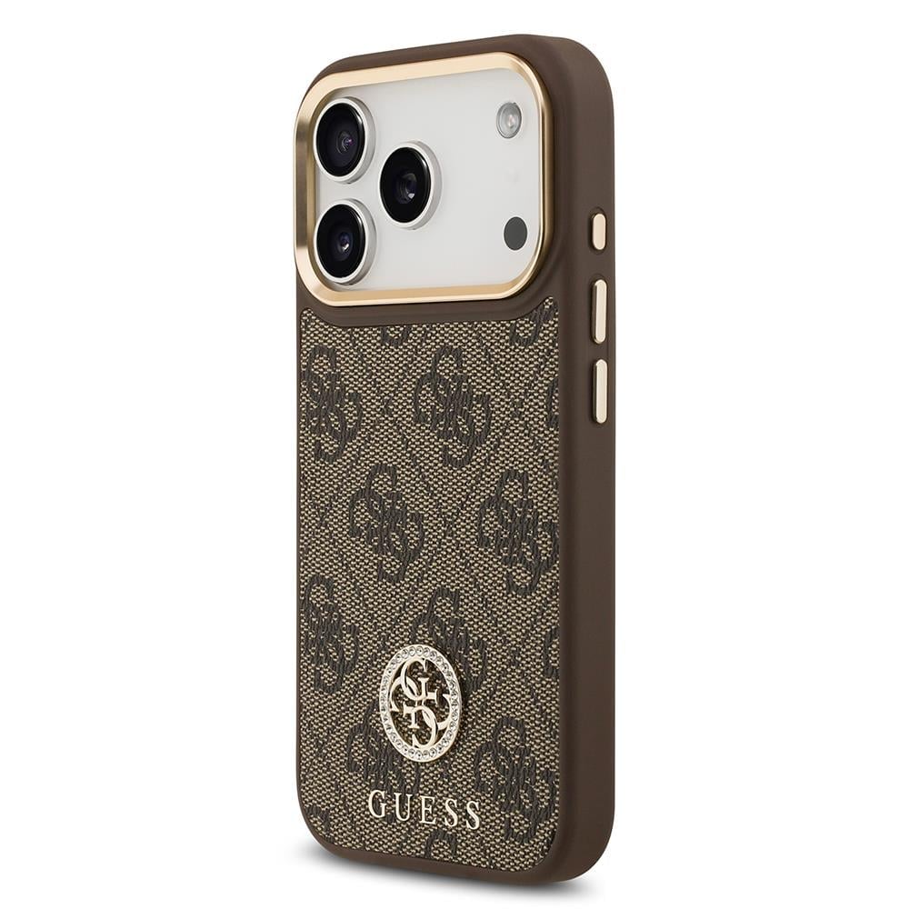 Apple iPhone 17 Pro Kılıf Guess Orjinal Lisanslı M-safe Şarj Özellikli Gold Metal Kamera Çerçeveli Taşlı 4G Logolu Kapak