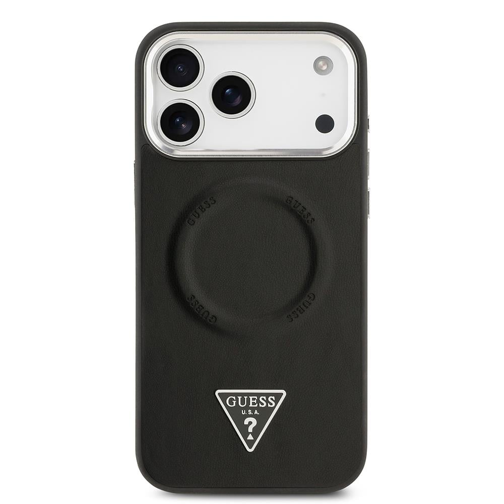Apple iPhone 17 Pro Kılıf Guess Orjinal Lisanslı M-safe Şarj Özellikli PU Deri Metal Kamera Çerçeveli Üçgen Logolu Kapak