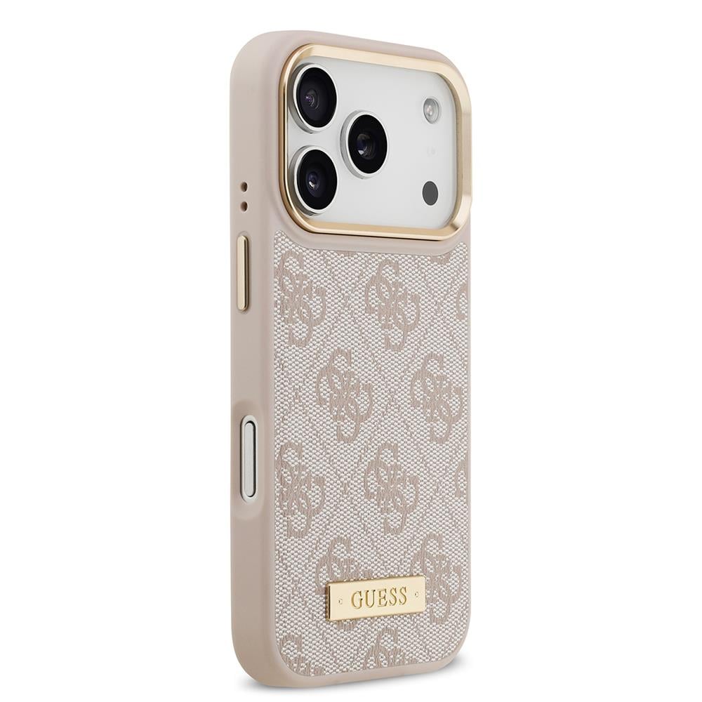 Apple iPhone 17 Pro Kılıf Guess Orjinal Lisanslı M-safe Şarj Özellikli 4G Desenli PU Metal Plaka Klasik Logolu Kapak