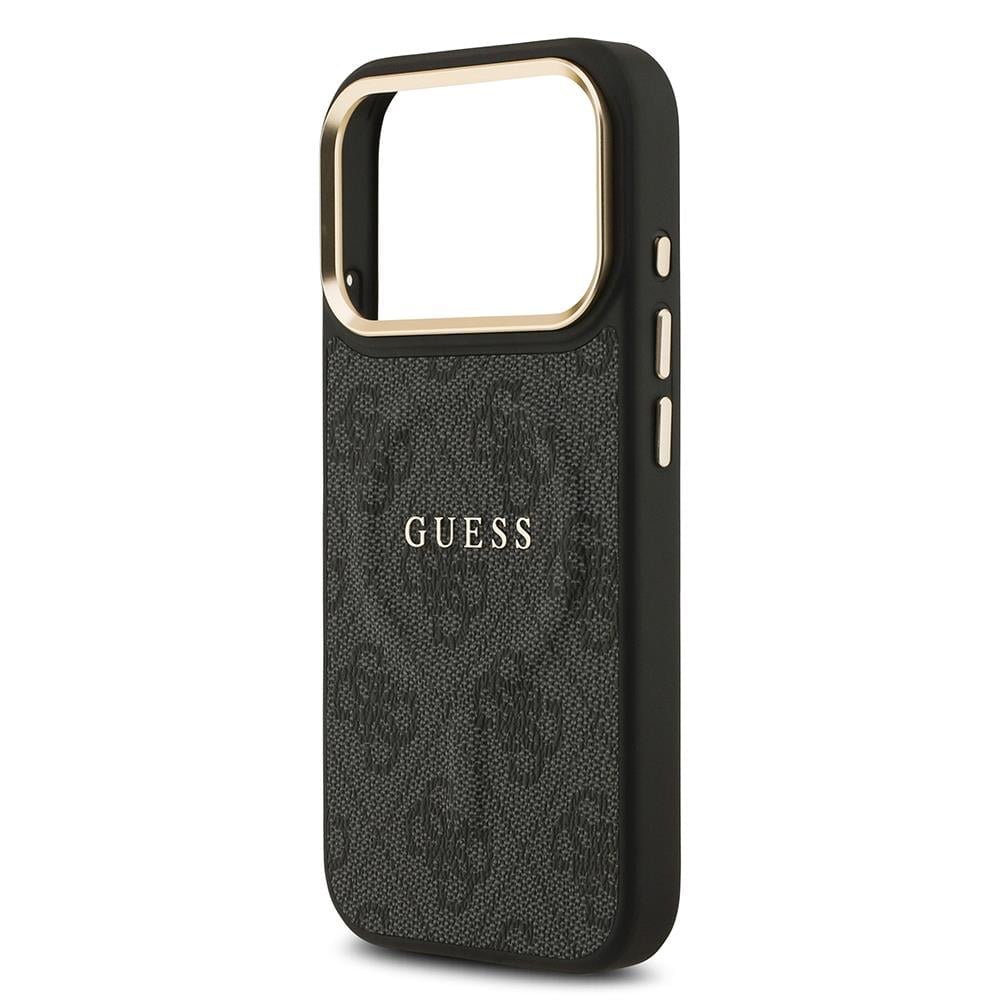 Apple iPhone 17 Pro Kılıf Guess Orjinal Lisanslı M-safe Şarj Özellikli Gold Metal Kamera Çerçeveli PU Deri 4G Desenli Yazı Logolu Kapak