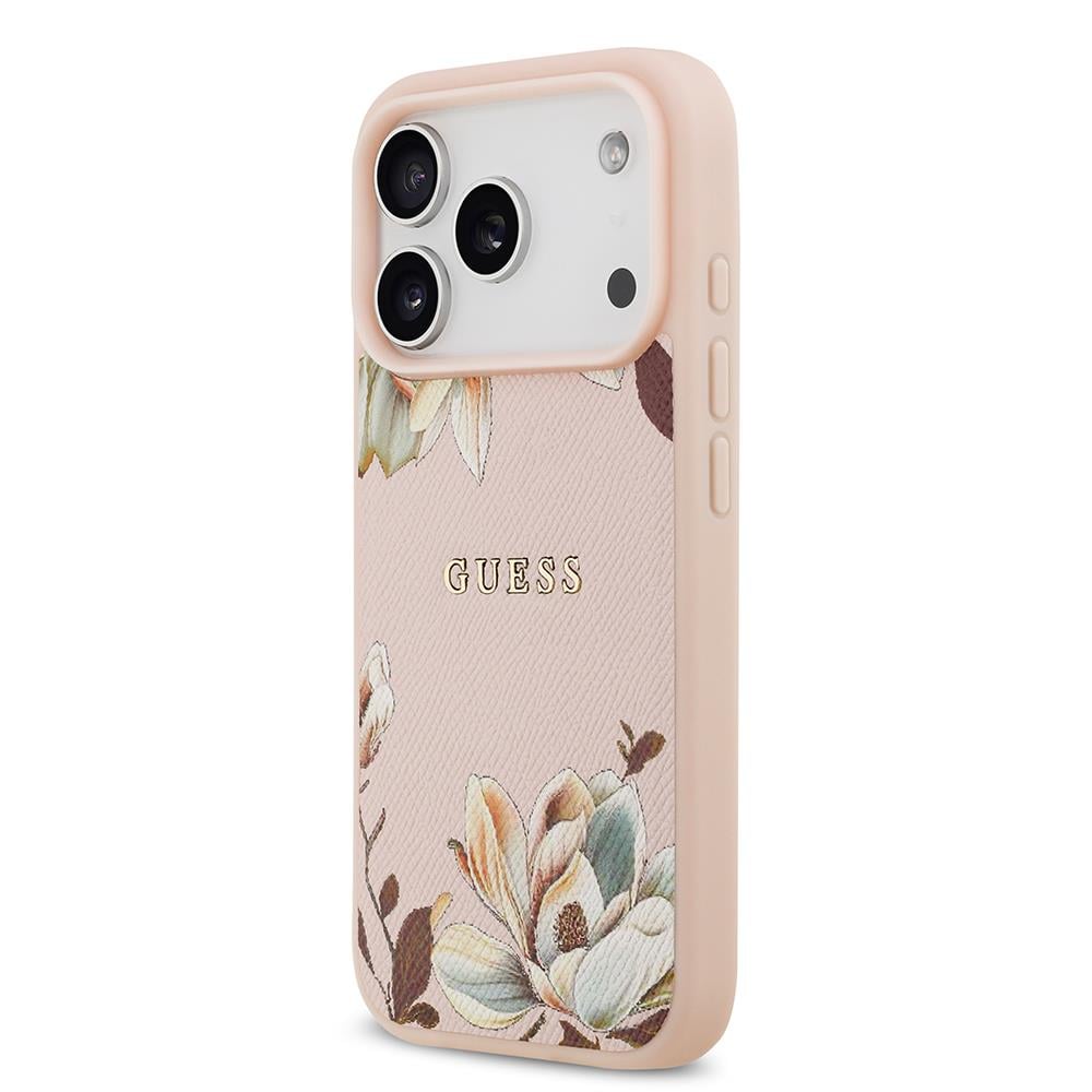Apple iPhone 17 Pro Kılıf Guess Orjinal Lisanslı M-safe Şarj Özellikli Taneli Çiçek Tasarımlı Metal Yazı Logolu Kapak
