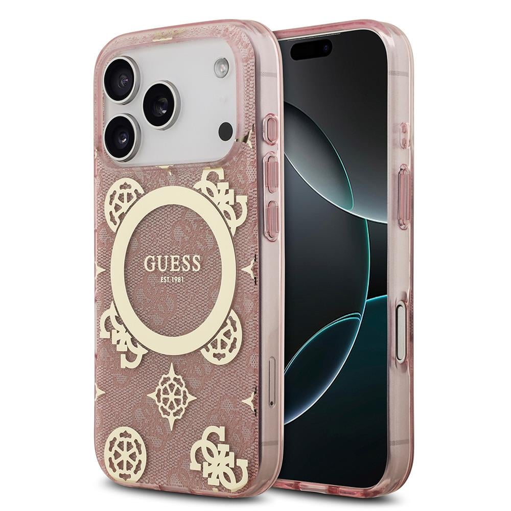Apple iPhone 17 Pro Kılıf Guess Orjinal Lisanslı M-safe Şarj Özellikli IML Peony ve 4G Desenli Klasik Logolu Kapak