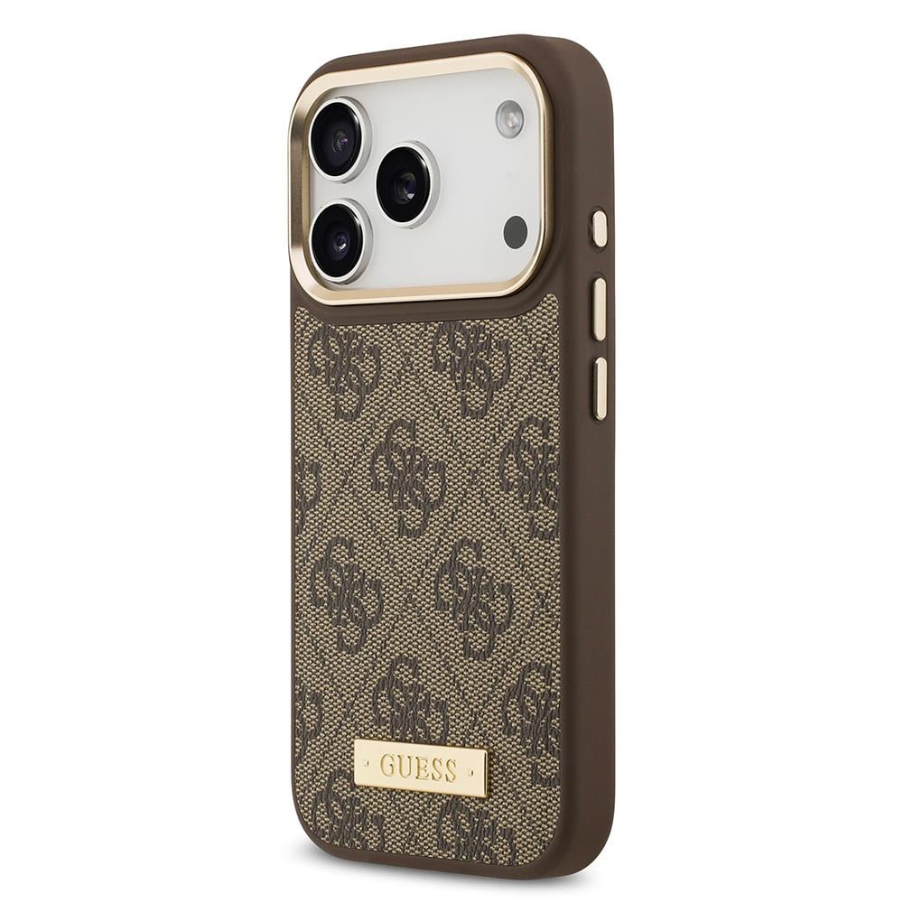 Apple iPhone 17 Pro Kılıf Guess Orjinal Lisanslı M-safe Şarj Özellikli 4G Desenli PU Metal Plaka Klasik Logolu Kapak