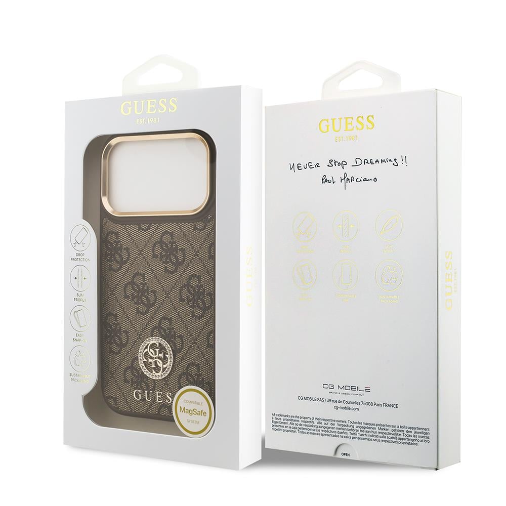 Apple iPhone 17 Pro Kılıf Guess Orjinal Lisanslı M-safe Şarj Özellikli Gold Metal Kamera Çerçeveli Taşlı 4G Logolu Kapak