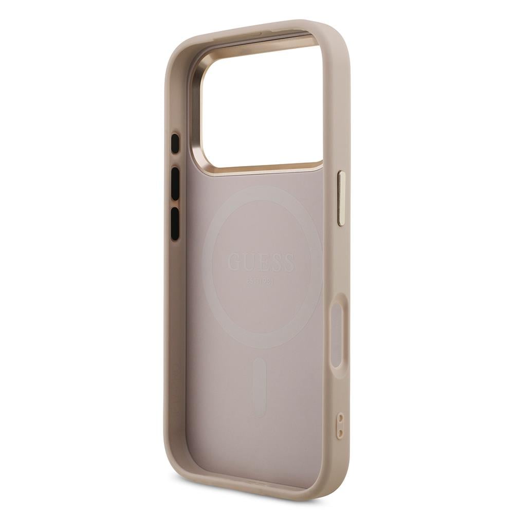 Apple iPhone 17 Pro Kılıf Guess Orjinal Lisanslı M-safe Şarj Özellikli Gold Metal Kamera Çerçeveli Taşlı Üçgen Logo 4G Desenli Kapak