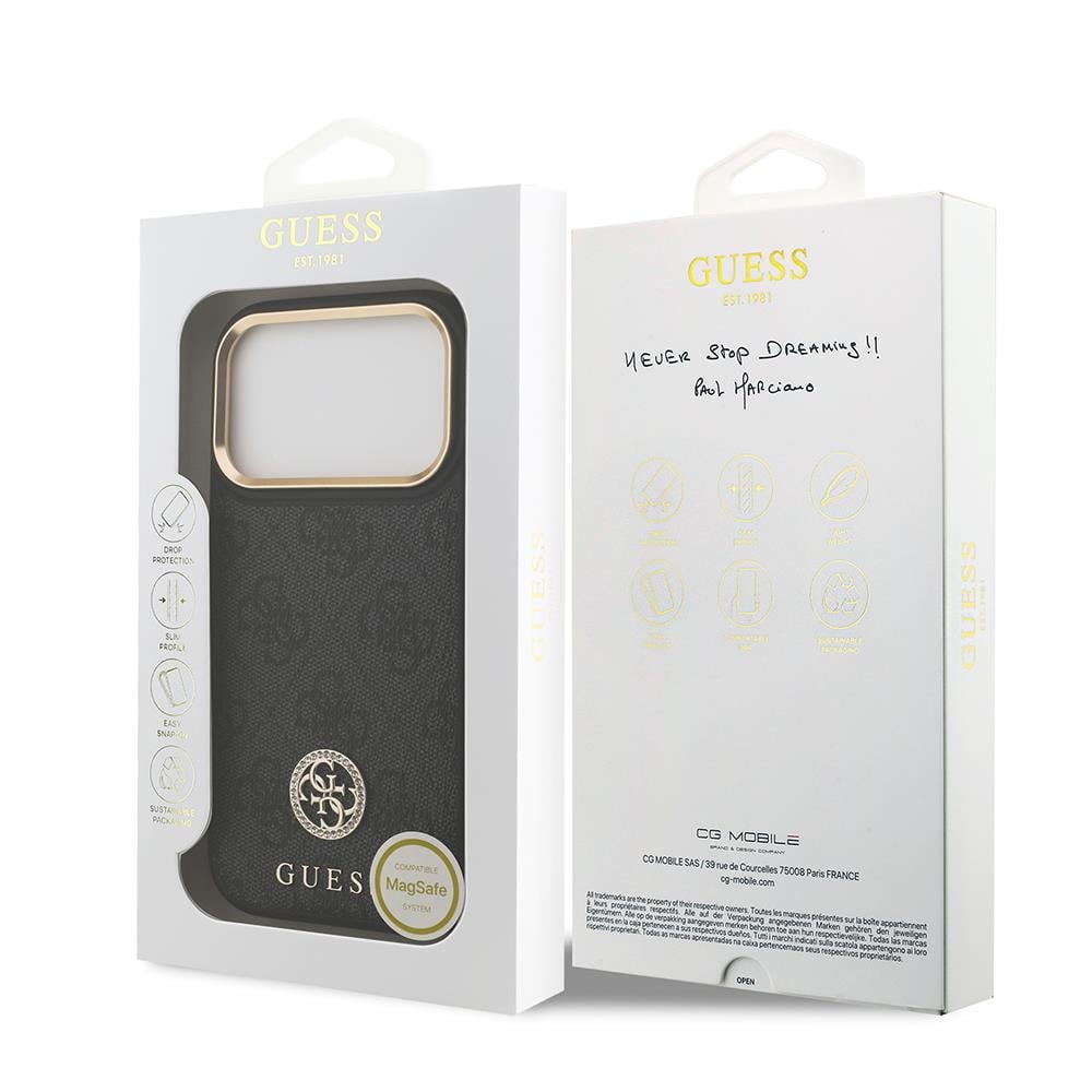 Apple iPhone 17 Pro Kılıf Guess Orjinal Lisanslı M-safe Şarj Özellikli Gold Metal Kamera Çerçeveli Taşlı 4G Logolu Kapak