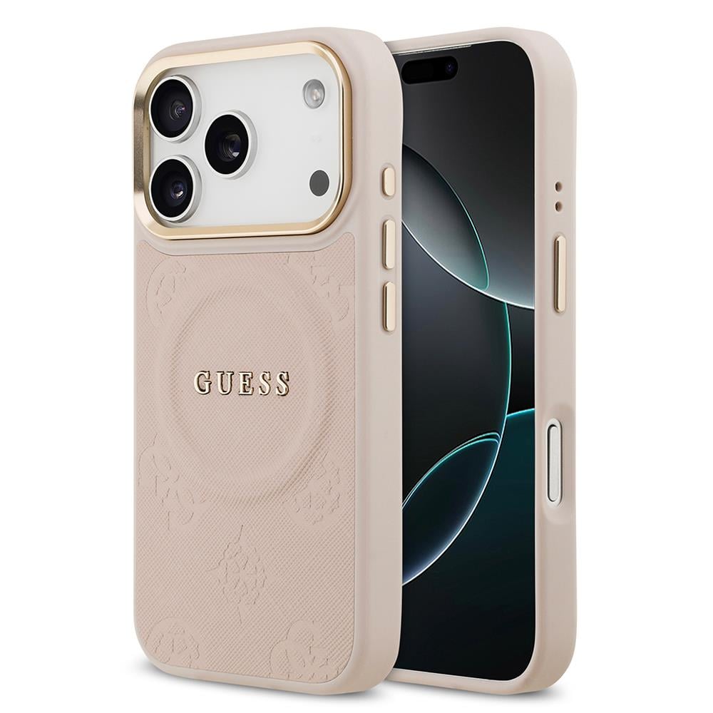 Apple iPhone 17 Pro Kılıf Guess Orjinal Lisanslı M-safe Şarj Özellikli Sıcak Baskılı Yazı Logolu PU Deri Peony Kapak