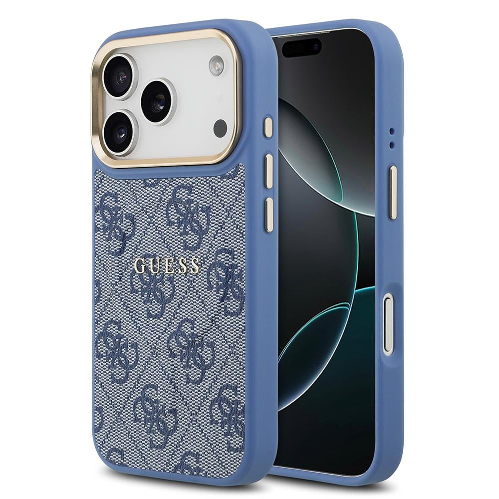 Apple iPhone 17 Pro Kılıf Guess Orjinal Lisanslı M-safe Şarj Özellikli Gold Metal Kamera Çerçeveli PU Deri 4G Desenli Yazı Logolu Kapak