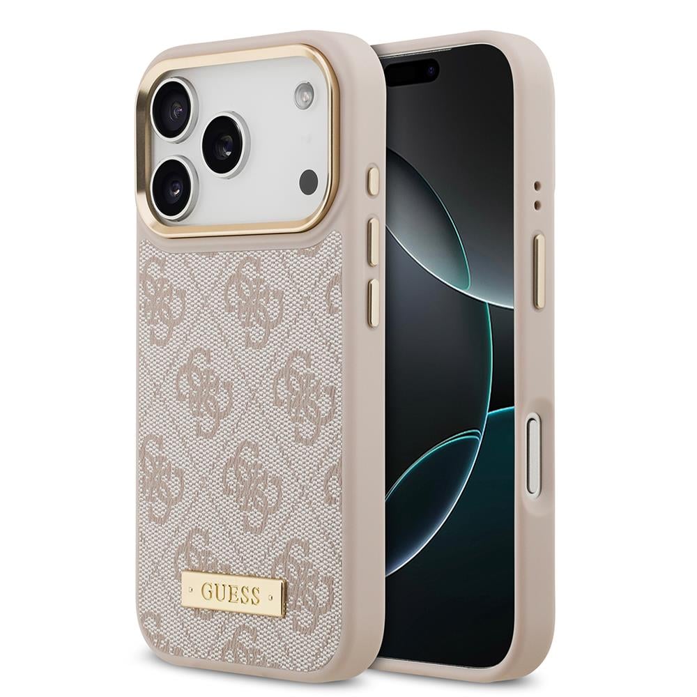 Apple iPhone 17 Pro Kılıf Guess Orjinal Lisanslı M-safe Şarj Özellikli 4G Desenli PU Metal Plaka Klasik Logolu Kapak