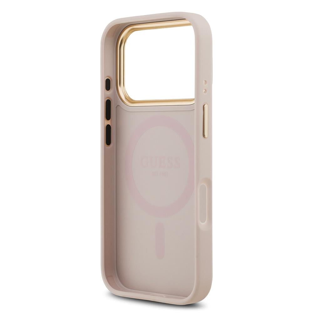 Apple iPhone 17 Pro Kılıf Guess Orjinal Lisanslı M-safe Şarj Özellikli Gold Metal Kamera Çerçeveli PU Deri 4G Desenli Yazı Logolu Kapak
