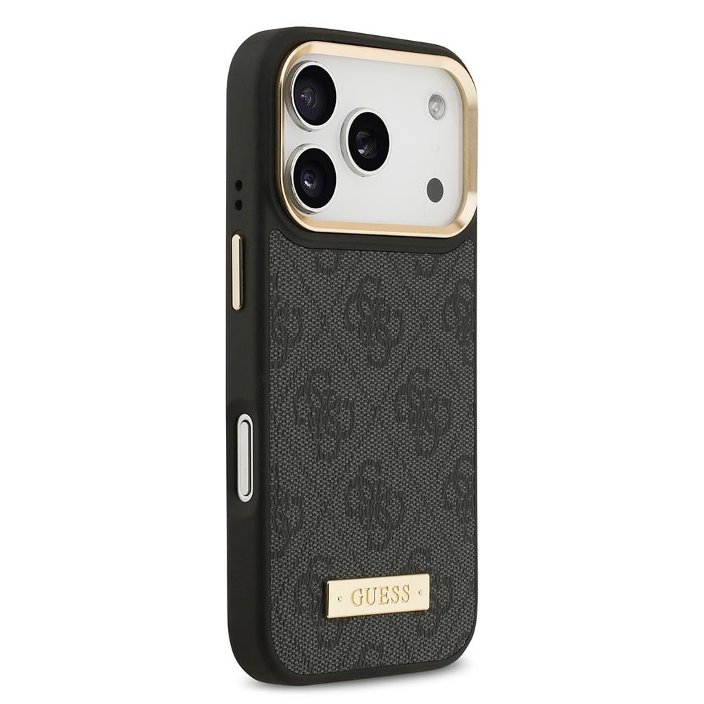 Apple iPhone 17 Pro Kılıf Guess Orjinal Lisanslı M-safe Şarj Özellikli 4G Desenli PU Metal Plaka Klasik Logolu Kapak