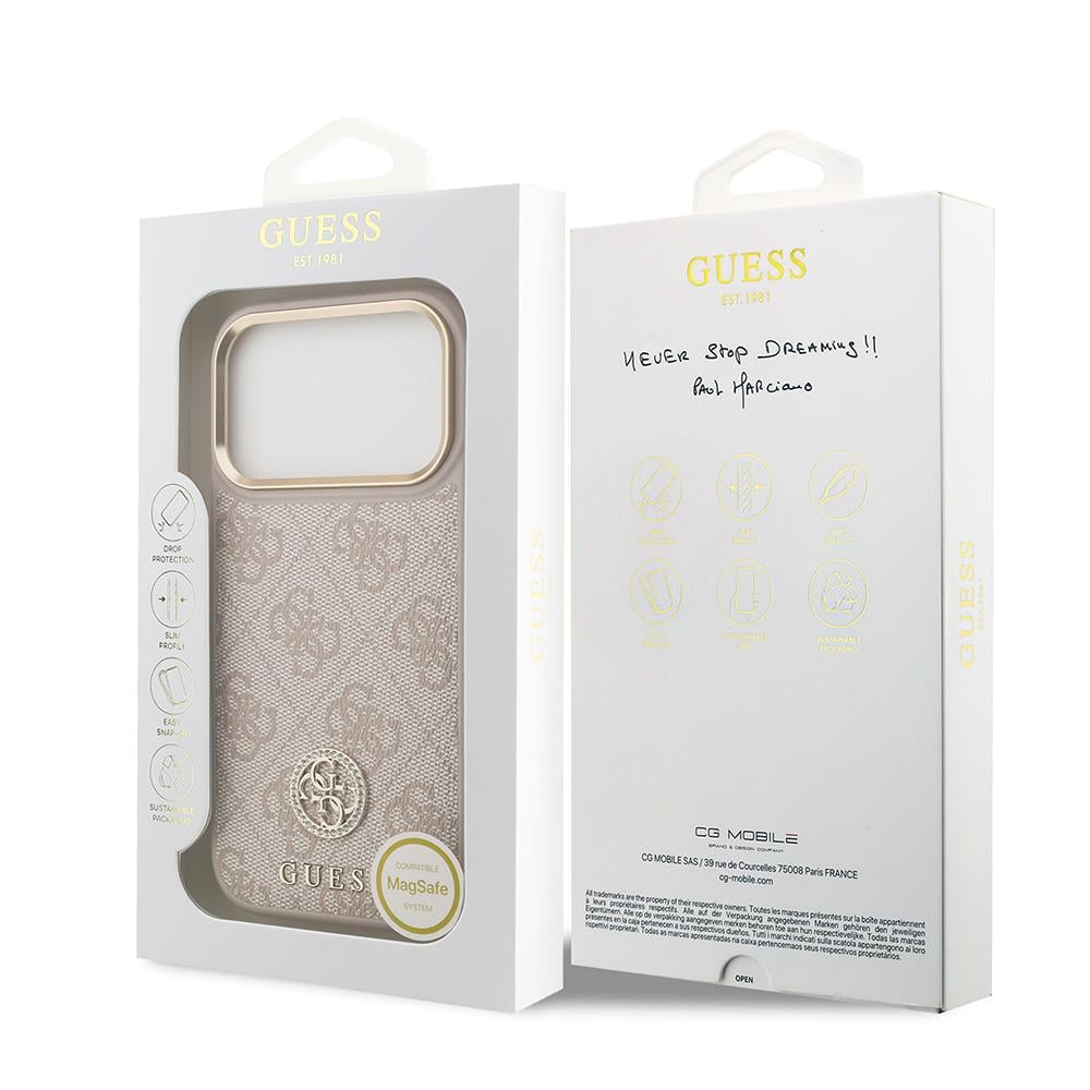 Apple iPhone 17 Pro Kılıf Guess Orjinal Lisanslı M-safe Şarj Özellikli Gold Metal Kamera Çerçeveli Taşlı 4G Logolu Kapak
