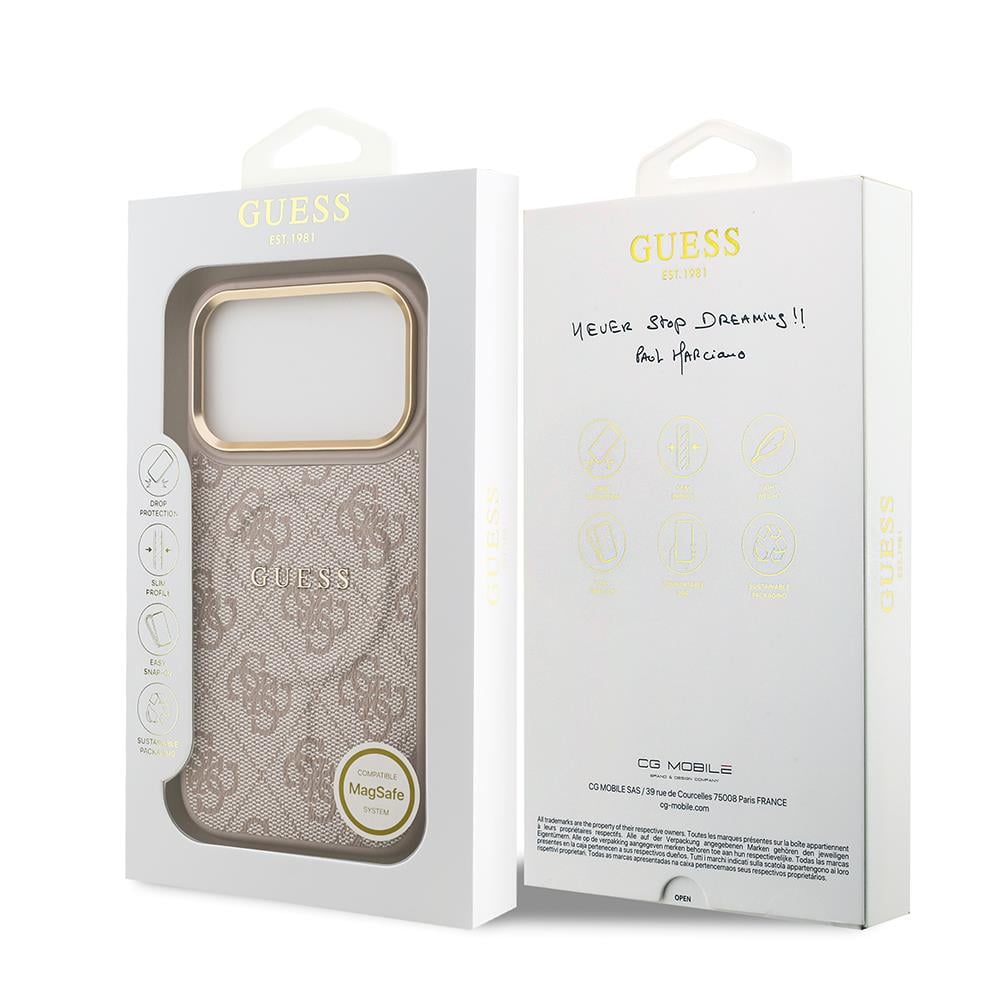 Apple iPhone 17 Pro Kılıf Guess Orjinal Lisanslı M-safe Şarj Özellikli Gold Metal Kamera Çerçeveli PU Deri 4G Desenli Yazı Logolu Kapak