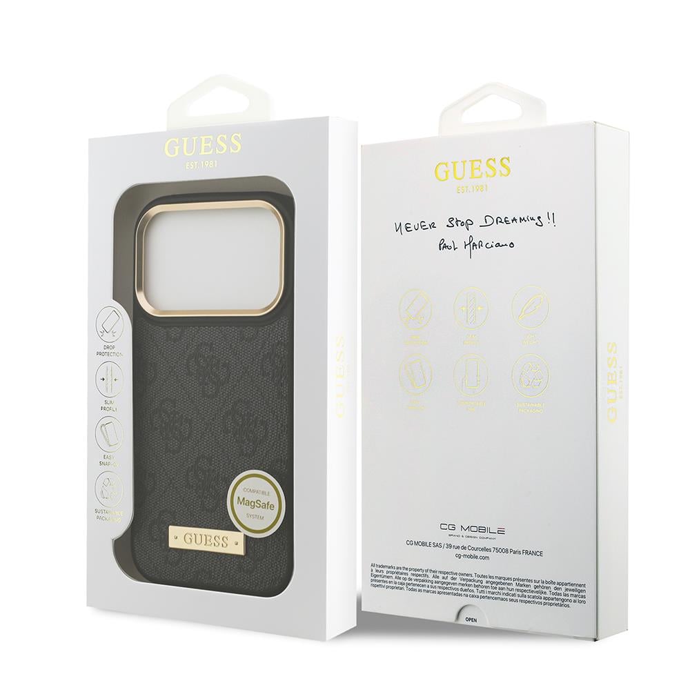 Apple iPhone 17 Pro Kılıf Guess Orjinal Lisanslı M-safe Şarj Özellikli 4G Desenli PU Metal Plaka Klasik Logolu Kapak