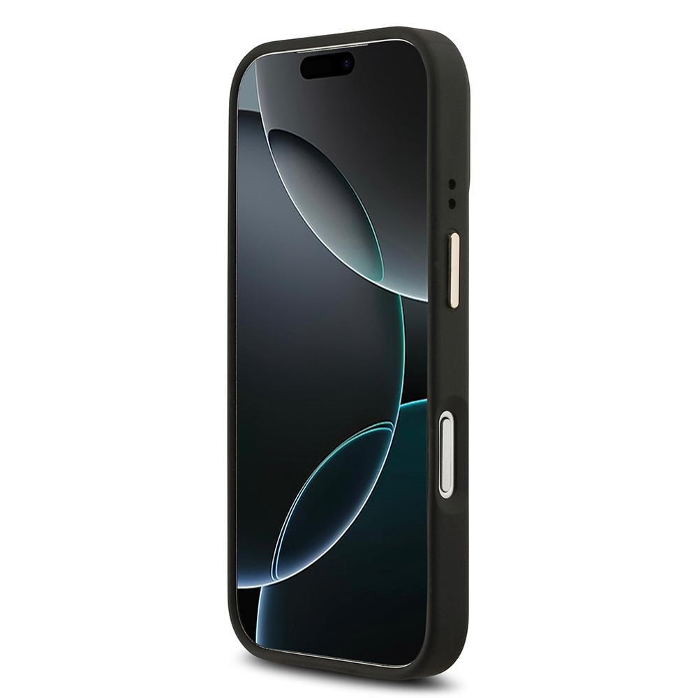 Apple iPhone 17 Pro Kılıf Guess Orjinal Lisanslı M-safe Şarj Özellikli Gold Metal Kamera Çerçeveli PU Deri 4G Desenli Yazı Logolu Kapak