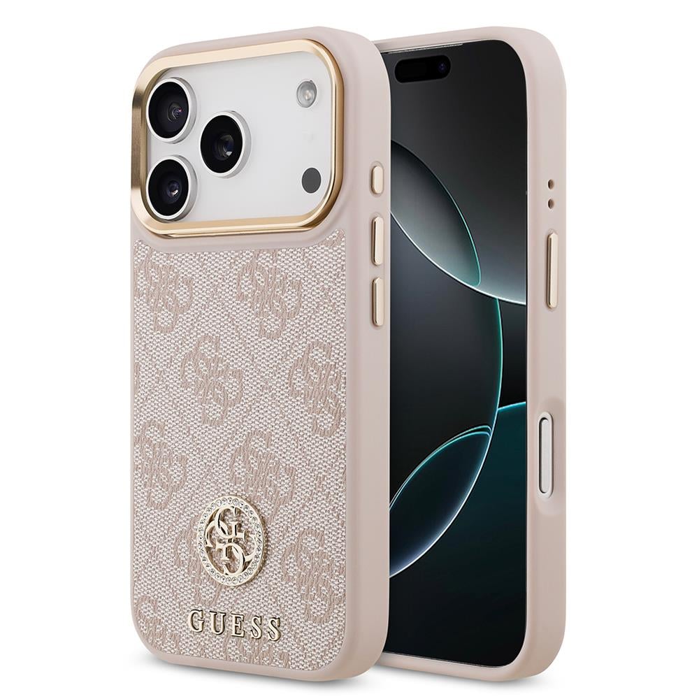 Apple iPhone 17 Pro Kılıf Guess Orjinal Lisanslı M-safe Şarj Özellikli Gold Metal Kamera Çerçeveli Taşlı 4G Logolu Kapak