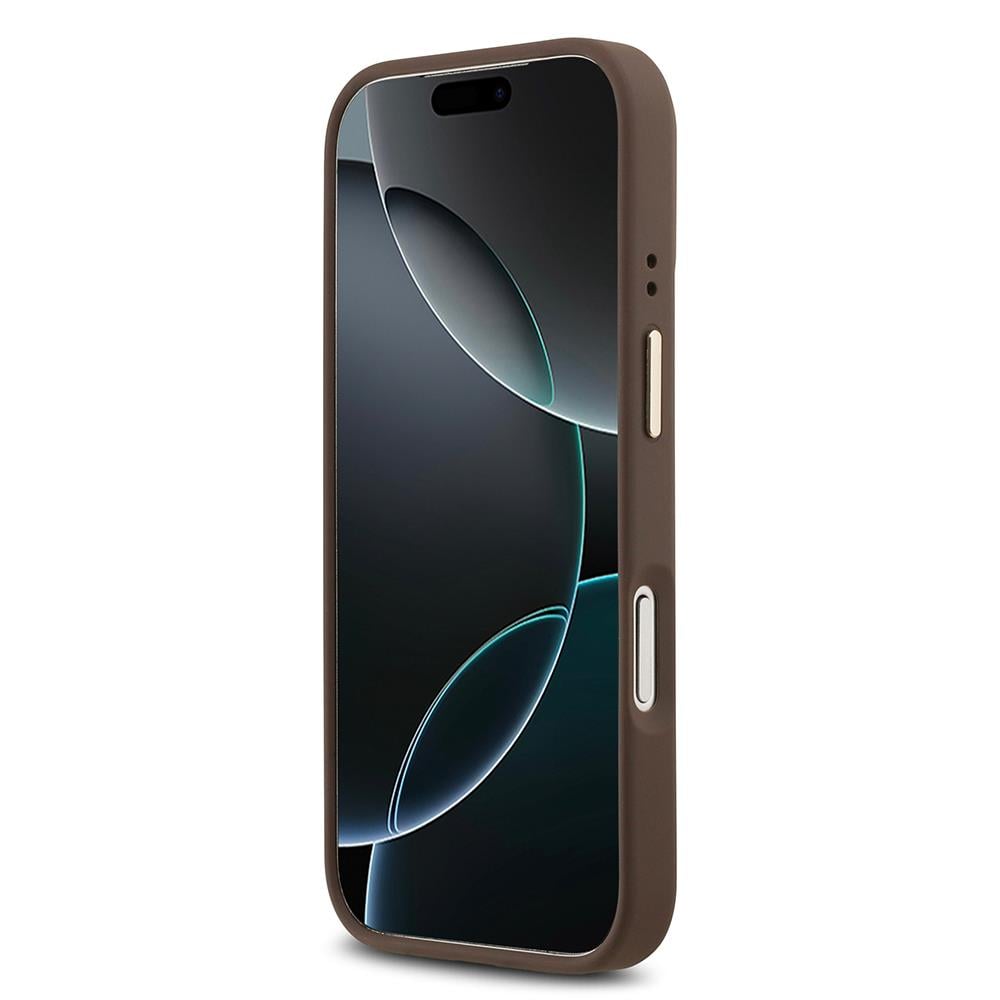Apple iPhone 17 Pro Kılıf Guess Orjinal Lisanslı M-safe Şarj Özellikli Gold Metal Kamera Çerçeveli PU Deri 4G Desenli Yazı Logolu Kapak