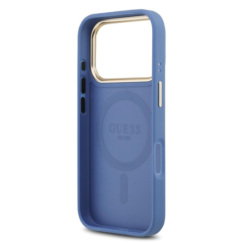 Apple iPhone 17 Pro Kılıf Guess Orjinal Lisanslı M-safe Şarj Özellikli Gold Metal Kamera Çerçeveli PU Deri 4G Desenli Yazı Logolu Kapak