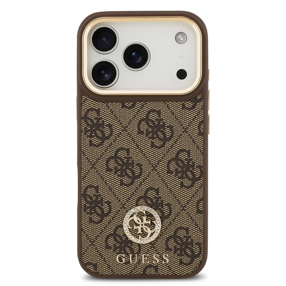 Apple iPhone 17 Pro Kılıf Guess Orjinal Lisanslı M-safe Şarj Özellikli Gold Metal Kamera Çerçeveli Taşlı 4G Logolu Kapak