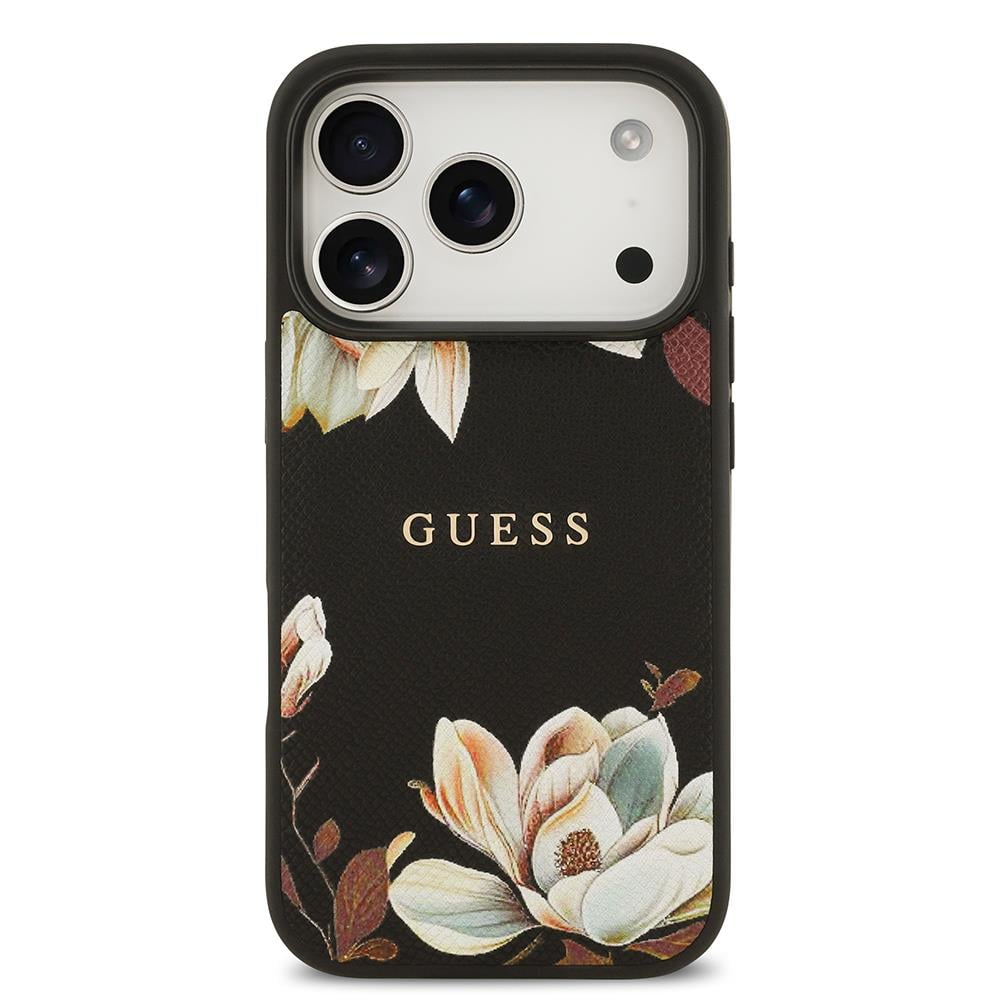 Apple iPhone 17 Pro Kılıf Guess Orjinal Lisanslı M-safe Şarj Özellikli Taneli Çiçek Tasarımlı Metal Yazı Logolu Kapak