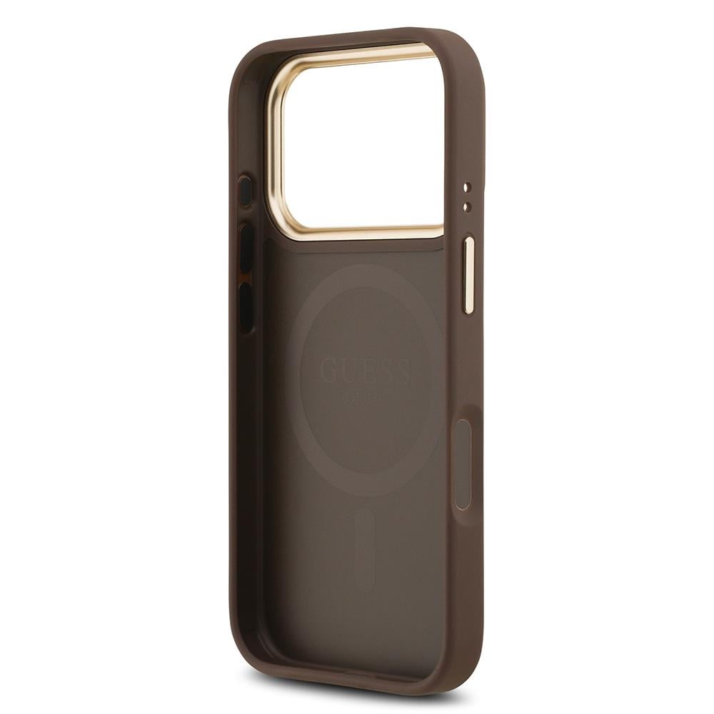 Apple iPhone 17 Pro Kılıf Guess Orjinal Lisanslı M-safe Şarj Özellikli Gold Metal Kamera Çerçeveli PU Deri 4G Desenli Yazı Logolu Kapak