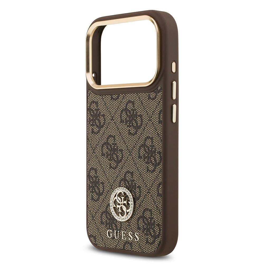 Apple iPhone 17 Pro Kılıf Guess Orjinal Lisanslı M-safe Şarj Özellikli Gold Metal Kamera Çerçeveli Taşlı 4G Logolu Kapak