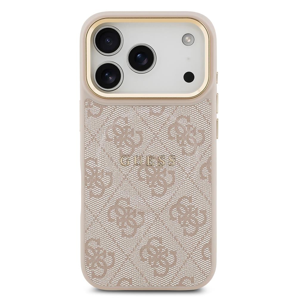 Apple iPhone 17 Pro Kılıf Guess Orjinal Lisanslı M-safe Şarj Özellikli Gold Metal Kamera Çerçeveli PU Deri 4G Desenli Yazı Logolu Kapak