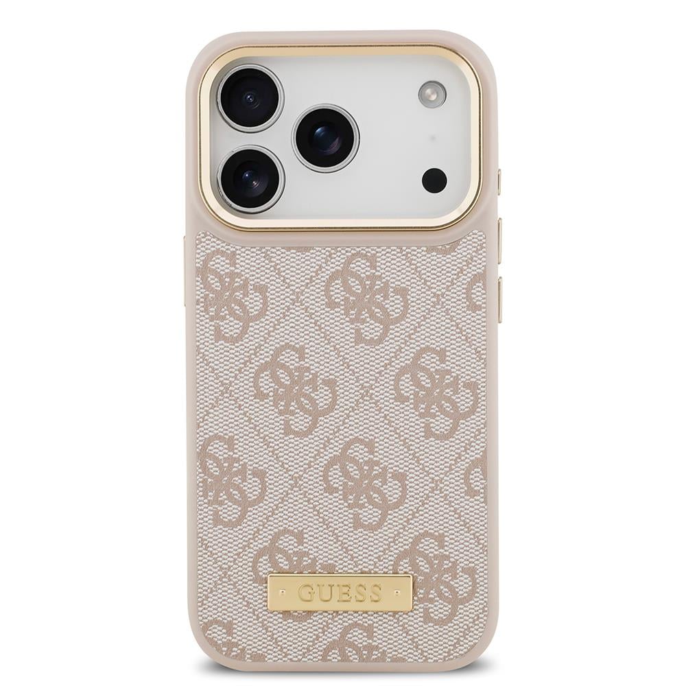 Apple iPhone 17 Pro Kılıf Guess Orjinal Lisanslı M-safe Şarj Özellikli 4G Desenli PU Metal Plaka Klasik Logolu Kapak