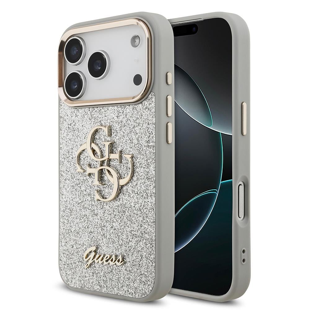 Apple iPhone 17 Pro Kılıf Guess Orjinal Lisanslı 4G Büyük Metal Kamera Çerçeveli ve Logolu Glitter Kapak
