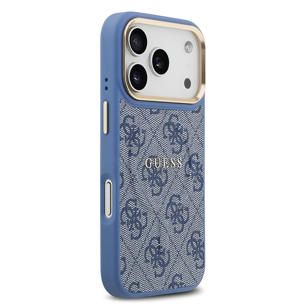 Apple iPhone 17 Pro Kılıf Guess Orjinal Lisanslı M-safe Şarj Özellikli Gold Metal Kamera Çerçeveli PU Deri 4G Desenli Yazı Logolu Kapak