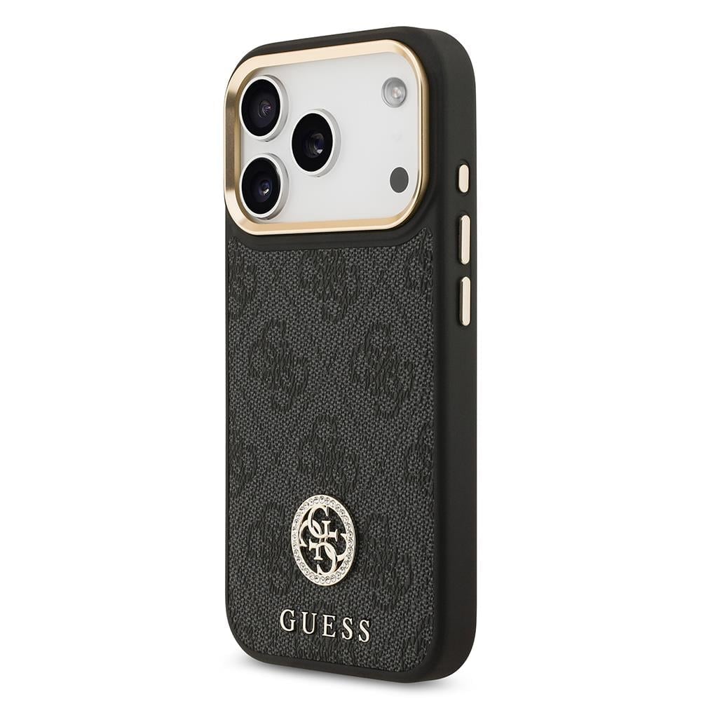 Apple iPhone 17 Pro Kılıf Guess Orjinal Lisanslı M-safe Şarj Özellikli Gold Metal Kamera Çerçeveli Taşlı 4G Logolu Kapak