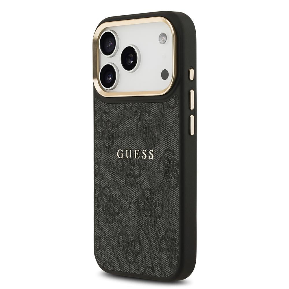 Apple iPhone 17 Pro Kılıf Guess Orjinal Lisanslı M-safe Şarj Özellikli Gold Metal Kamera Çerçeveli PU Deri 4G Desenli Yazı Logolu Kapak