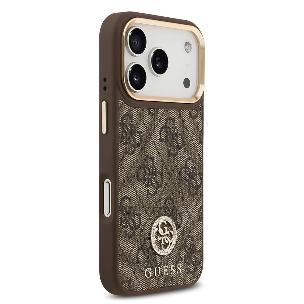 Apple iPhone 17 Pro Kılıf Guess Orjinal Lisanslı M-safe Şarj Özellikli Gold Metal Kamera Çerçeveli Taşlı 4G Logolu Kapak