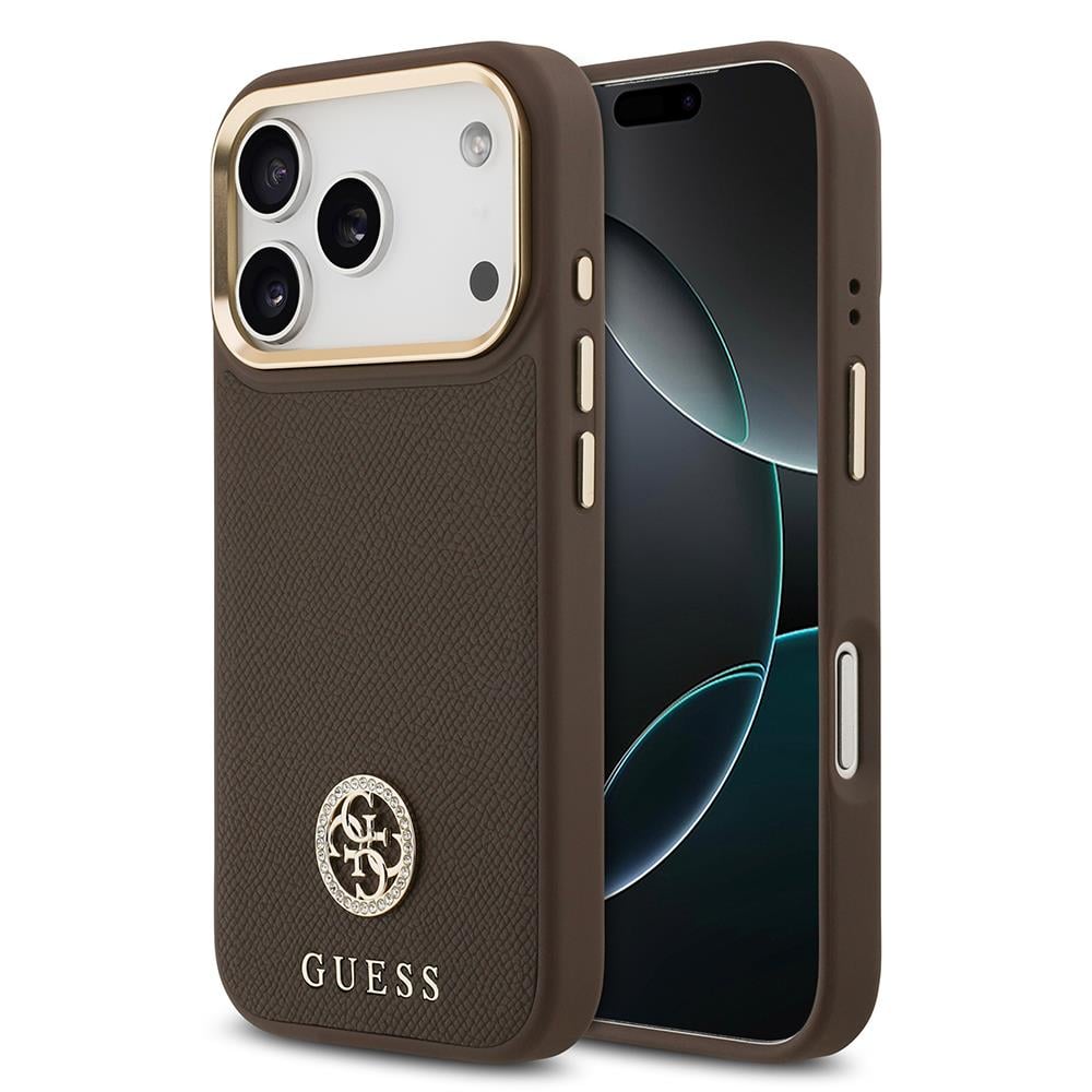 Apple iPhone 17 Pro Kılıf Guess Orjinal Lisanslı M-safe Şarj Özellikli Grained Yazı ve Taşlı 4G Logolu Kapak