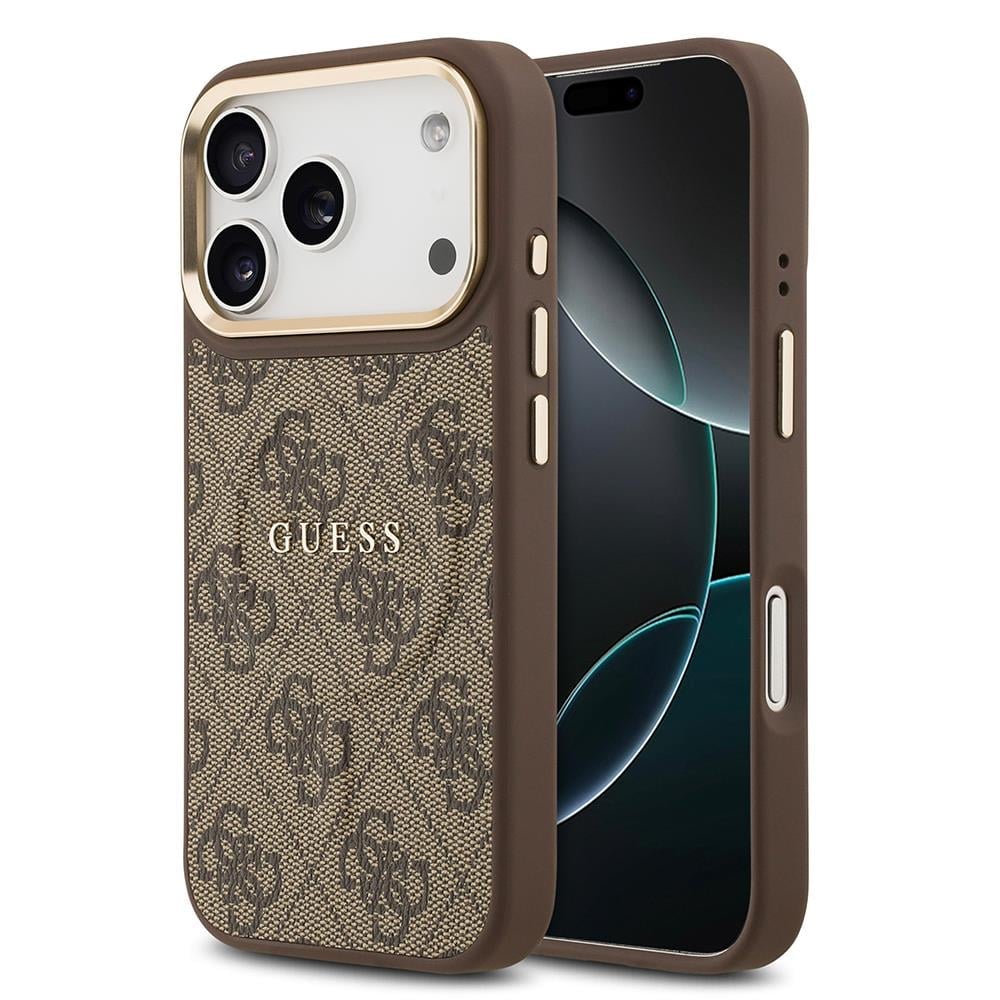 Apple iPhone 17 Pro Kılıf Guess Orjinal Lisanslı M-safe Şarj Özellikli Gold Metal Kamera Çerçeveli PU Deri 4G Desenli Yazı Logolu Kapak