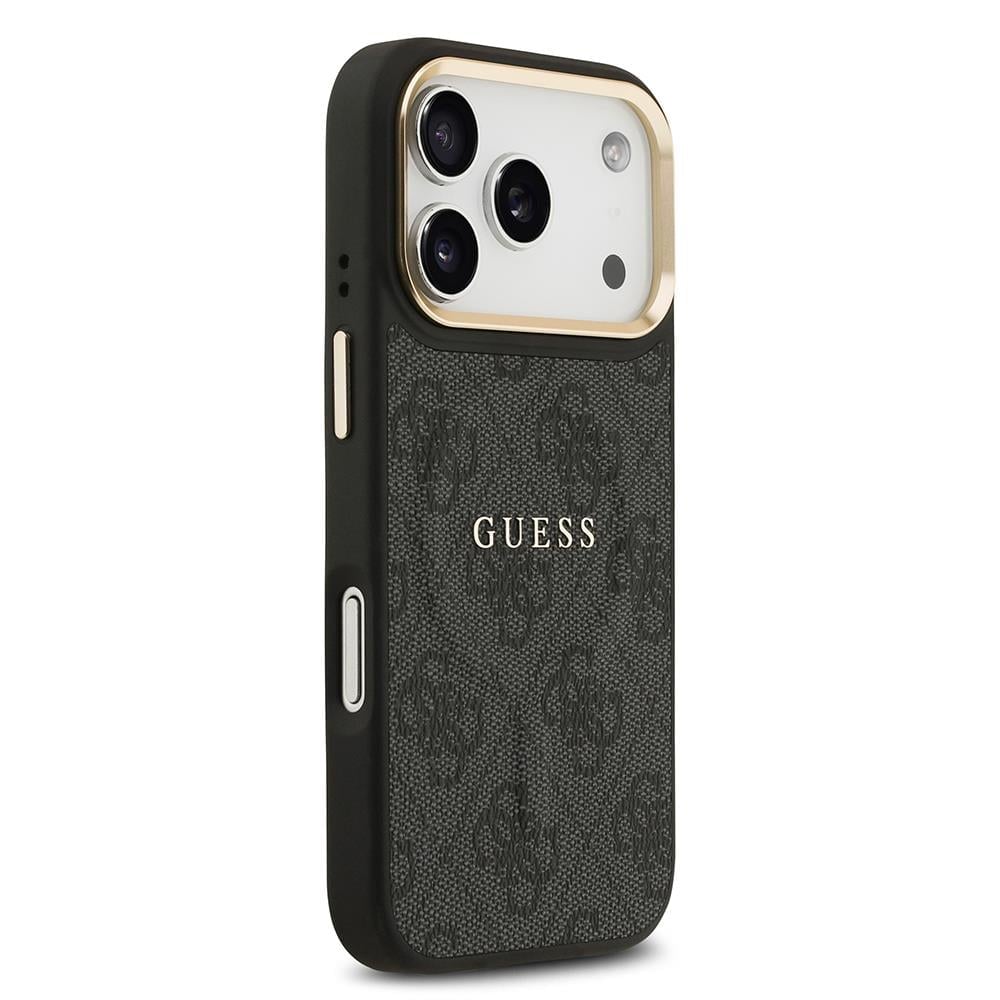 Apple iPhone 17 Pro Kılıf Guess Orjinal Lisanslı M-safe Şarj Özellikli Gold Metal Kamera Çerçeveli PU Deri 4G Desenli Yazı Logolu Kapak