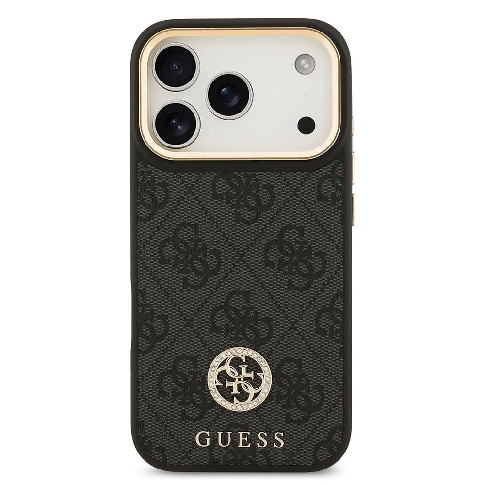 Apple iPhone 17 Pro Kılıf Guess Orjinal Lisanslı M-safe Şarj Özellikli Gold Metal Kamera Çerçeveli Taşlı 4G Logolu Kapak