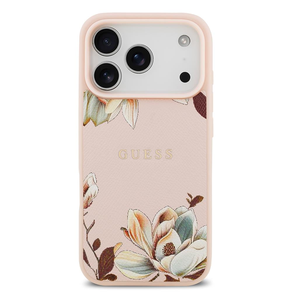 Apple iPhone 17 Pro Kılıf Guess Orjinal Lisanslı M-safe Şarj Özellikli Taneli Çiçek Tasarımlı Metal Yazı Logolu Kapak