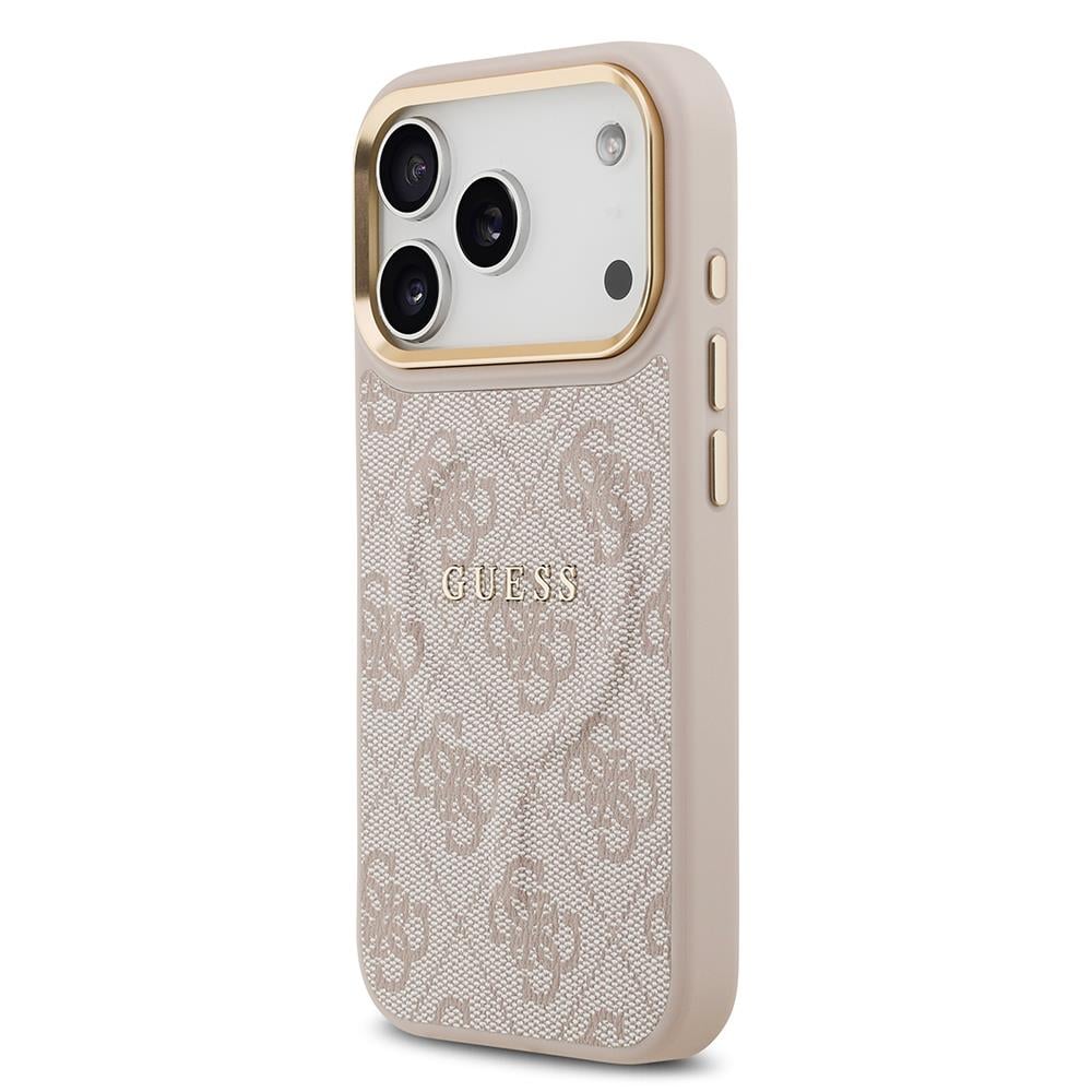 Apple iPhone 17 Pro Kılıf Guess Orjinal Lisanslı M-safe Şarj Özellikli Gold Metal Kamera Çerçeveli PU Deri 4G Desenli Yazı Logolu Kapak