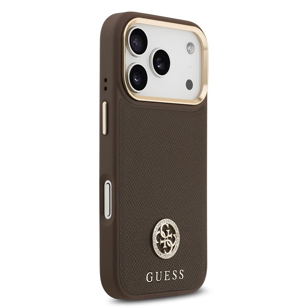 Apple iPhone 17 Pro Kılıf Guess Orjinal Lisanslı M-safe Şarj Özellikli Grained Yazı ve Taşlı 4G Logolu Kapak