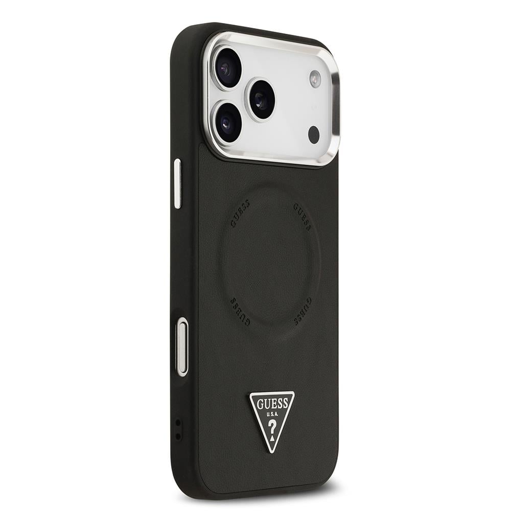 Apple iPhone 17 Pro Kılıf Guess Orjinal Lisanslı M-safe Şarj Özellikli PU Deri Metal Kamera Çerçeveli Üçgen Logolu Kapak