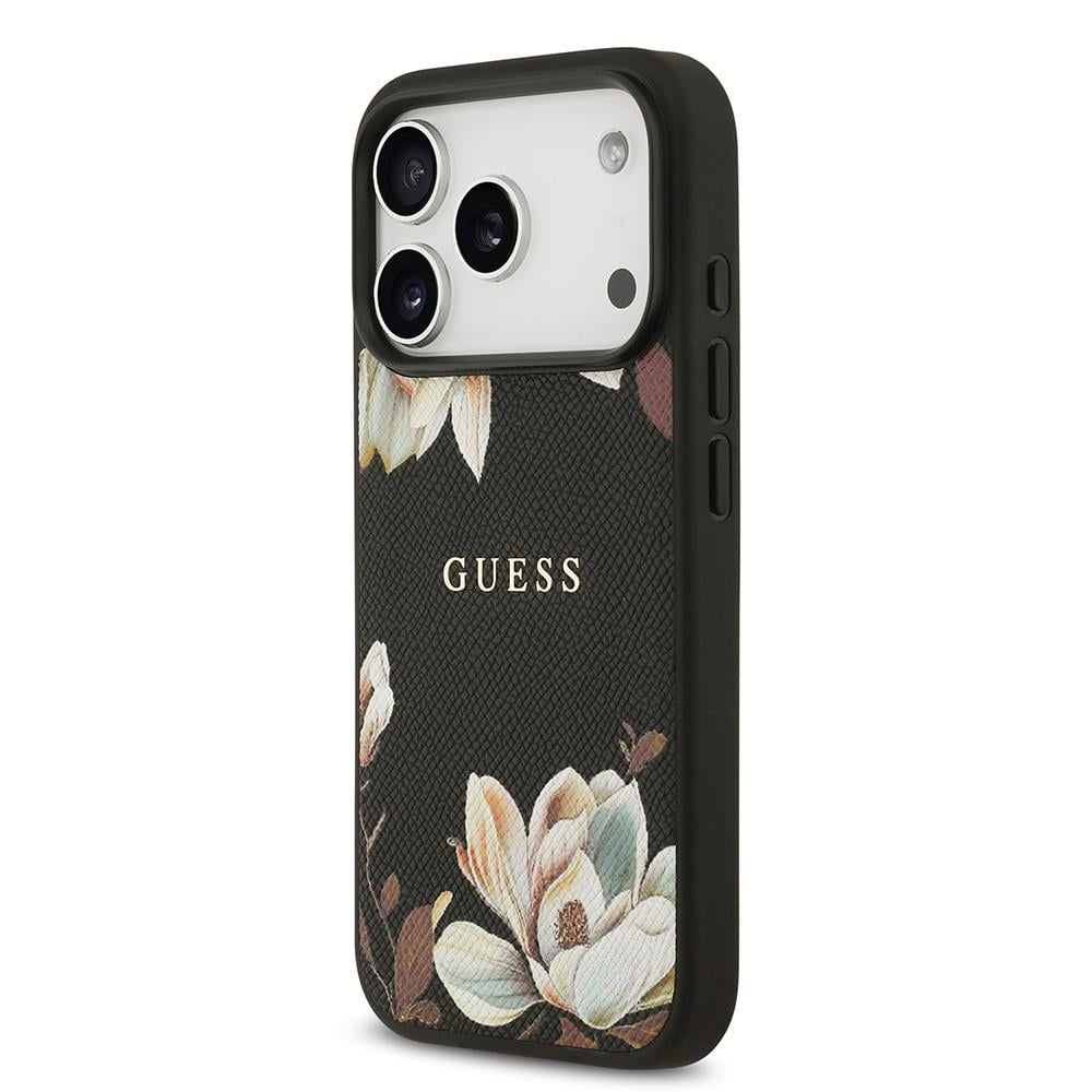 Apple iPhone 17 Pro Kılıf Guess Orjinal Lisanslı M-safe Şarj Özellikli Taneli Çiçek Tasarımlı Metal Yazı Logolu Kapak