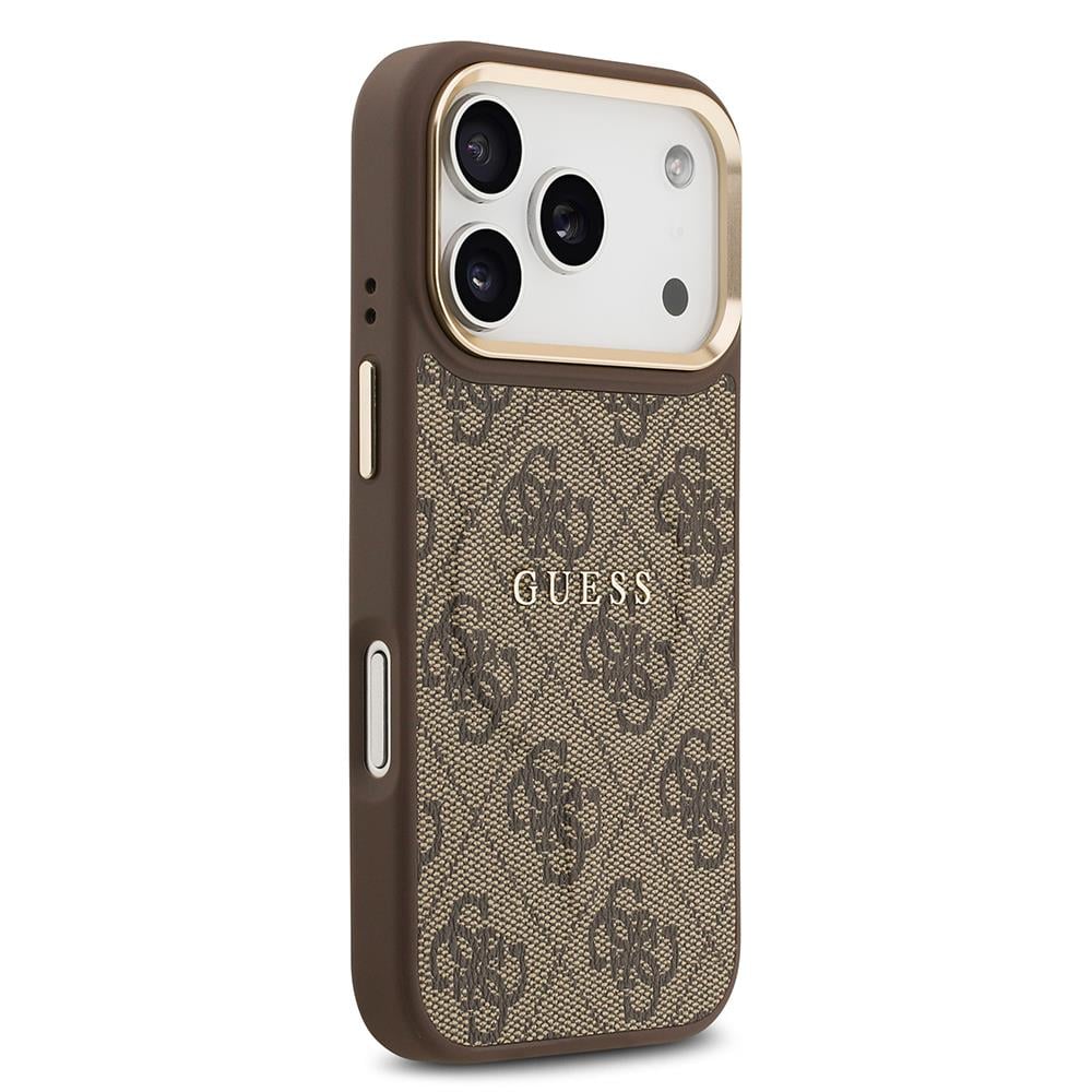 Apple iPhone 17 Pro Kılıf Guess Orjinal Lisanslı M-safe Şarj Özellikli Gold Metal Kamera Çerçeveli PU Deri 4G Desenli Yazı Logolu Kapak