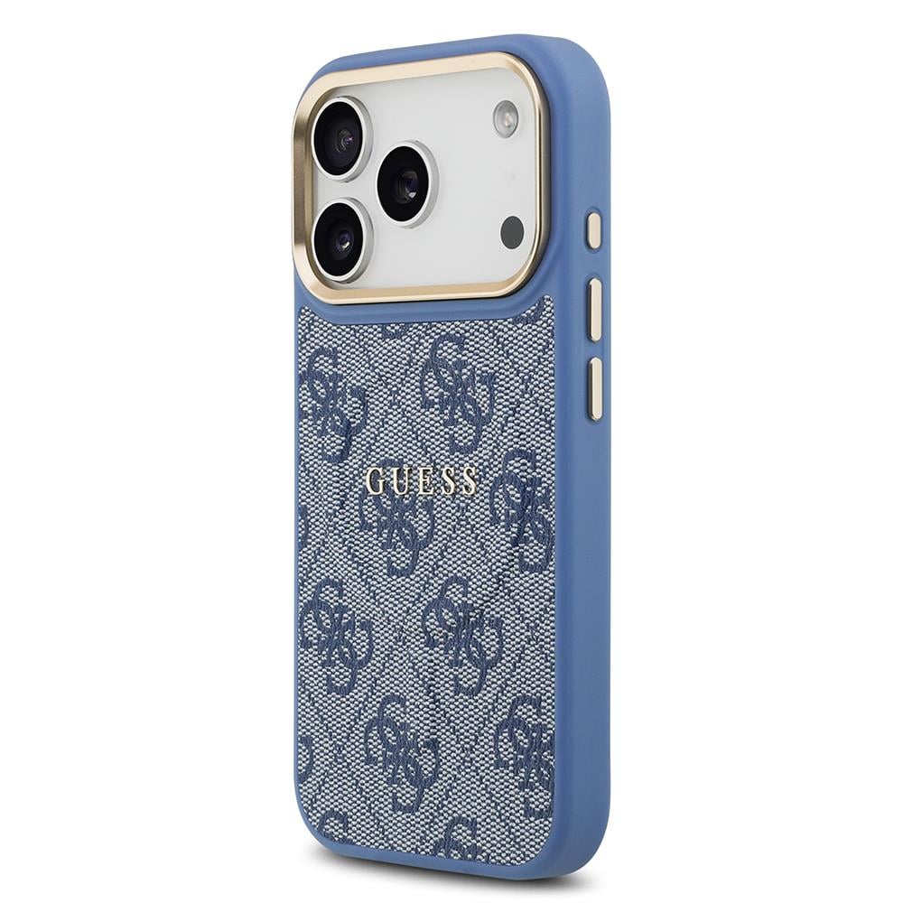Apple iPhone 17 Pro Kılıf Guess Orjinal Lisanslı M-safe Şarj Özellikli Gold Metal Kamera Çerçeveli PU Deri 4G Desenli Yazı Logolu Kapak
