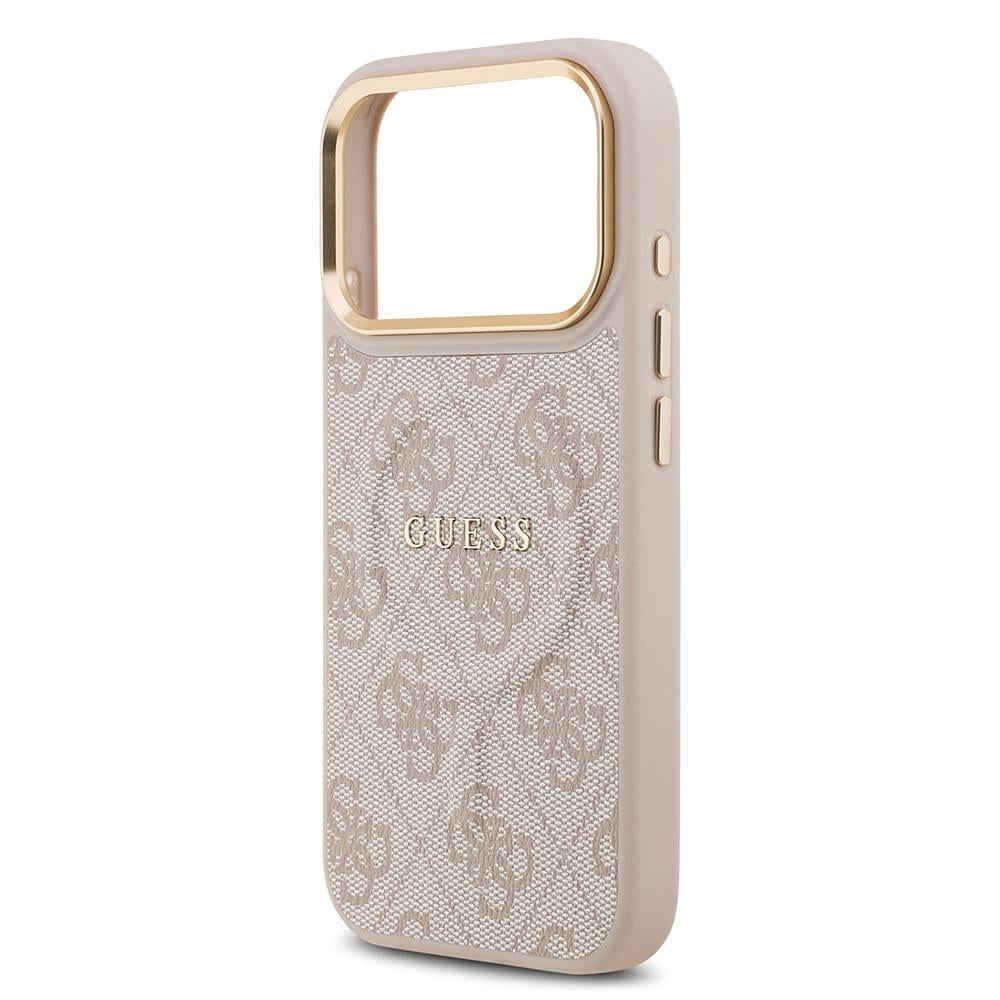 Apple iPhone 17 Pro Kılıf Guess Orjinal Lisanslı M-safe Şarj Özellikli Gold Metal Kamera Çerçeveli PU Deri 4G Desenli Yazı Logolu Kapak