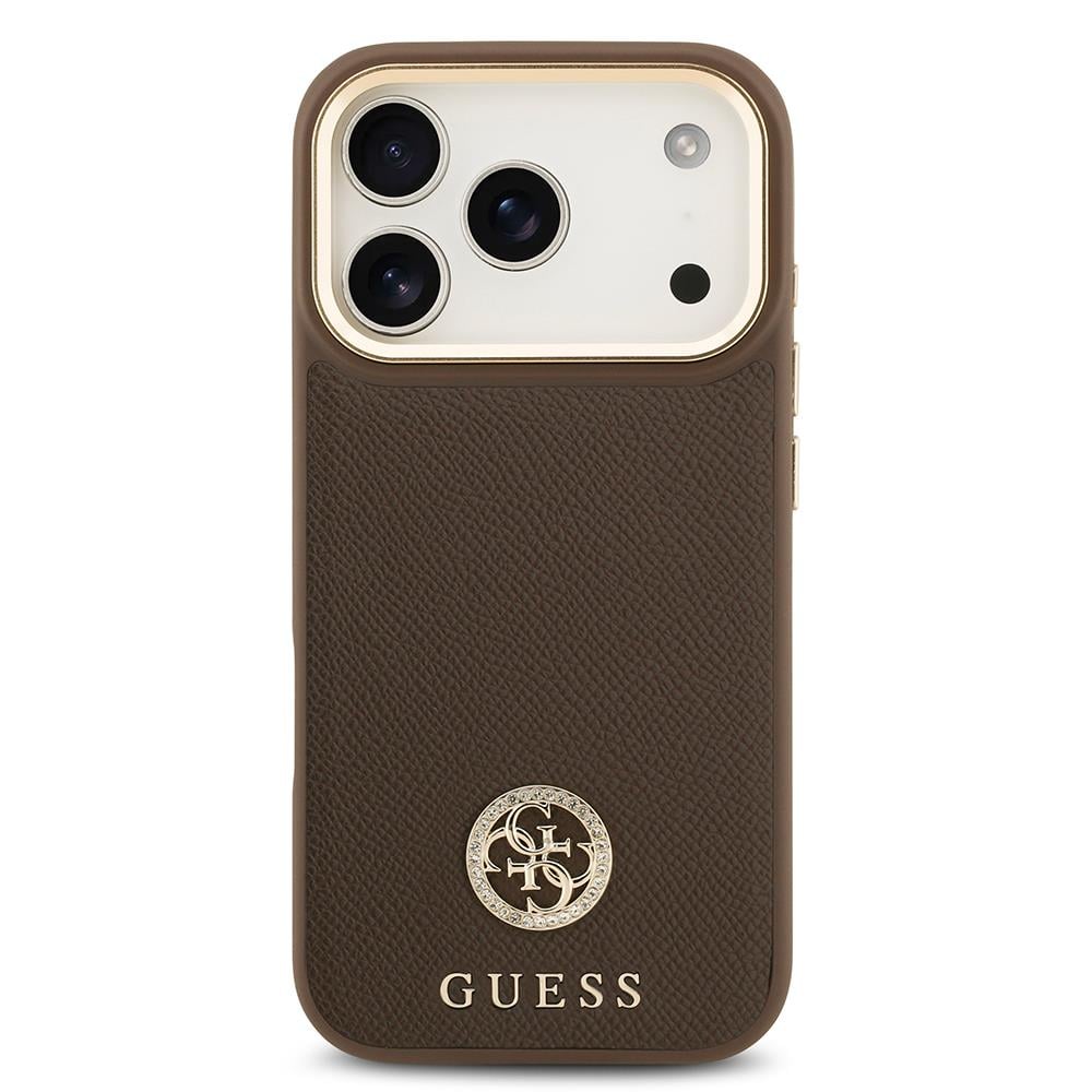 Apple iPhone 17 Pro Kılıf Guess Orjinal Lisanslı M-safe Şarj Özellikli Grained Yazı ve Taşlı 4G Logolu Kapak