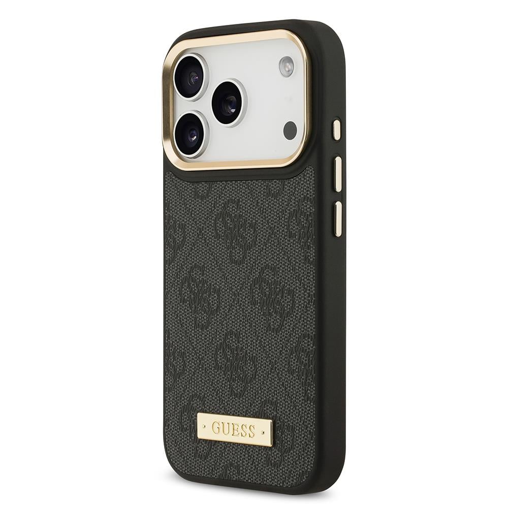 Apple iPhone 17 Pro Kılıf Guess Orjinal Lisanslı M-safe Şarj Özellikli 4G Desenli PU Metal Plaka Klasik Logolu Kapak