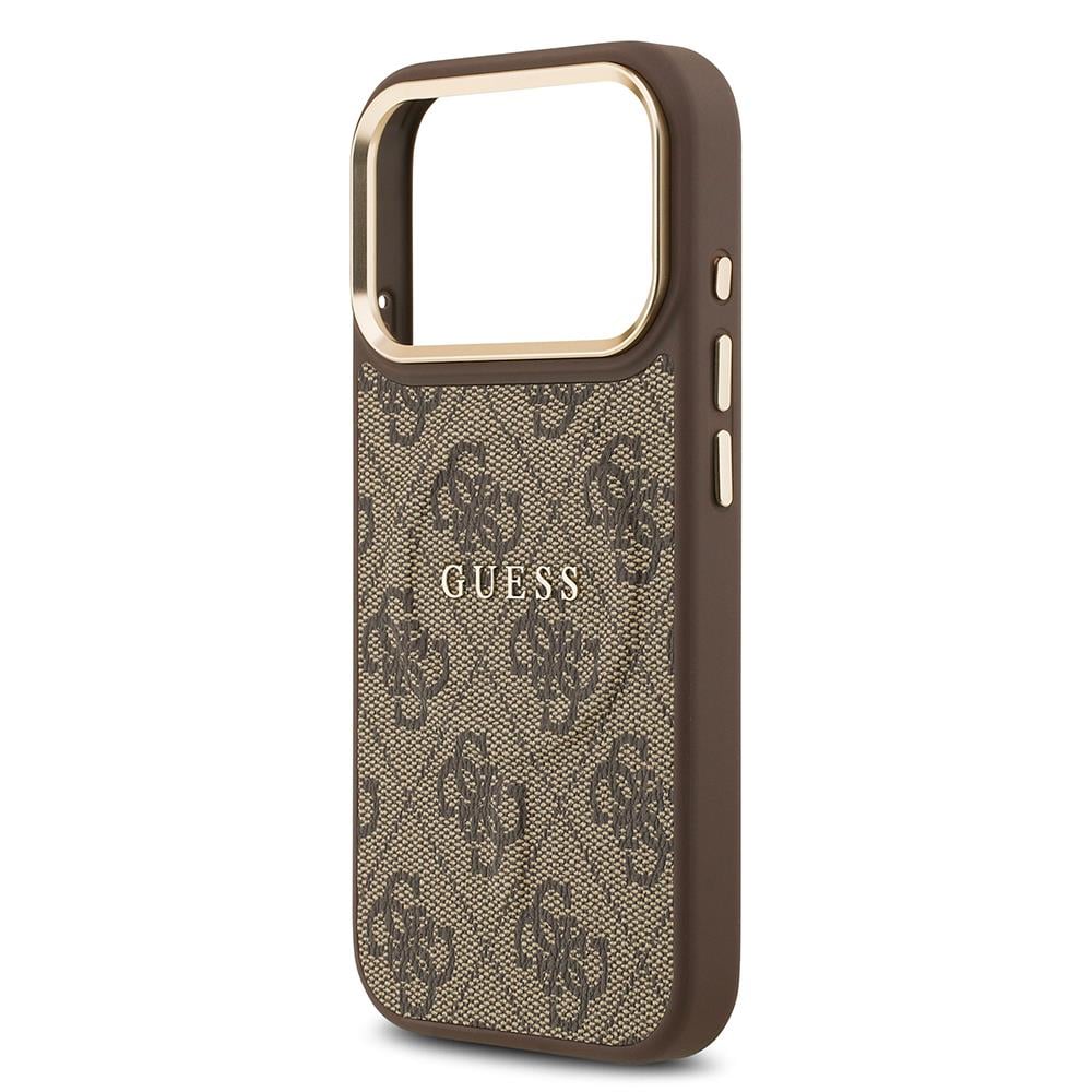 Apple iPhone 17 Pro Kılıf Guess Orjinal Lisanslı M-safe Şarj Özellikli Gold Metal Kamera Çerçeveli PU Deri 4G Desenli Yazı Logolu Kapak
